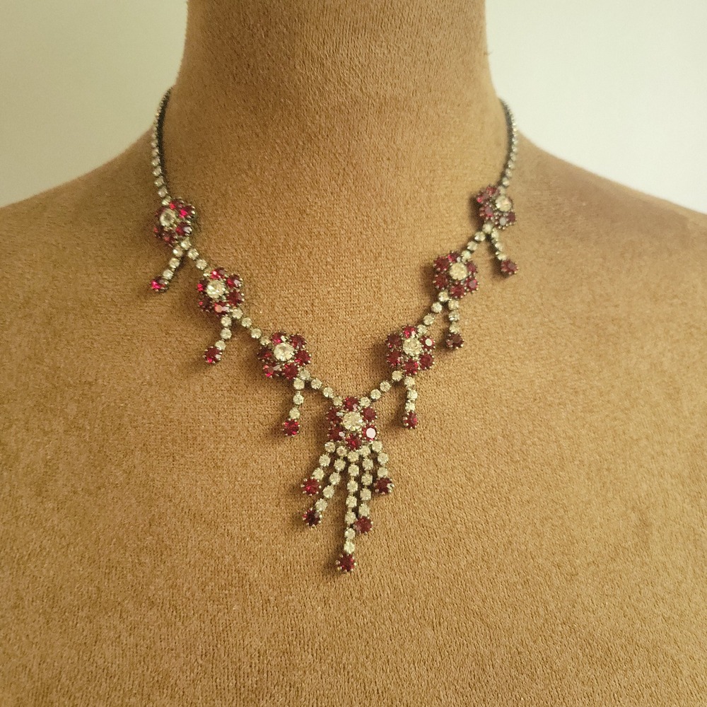 Vintage Red Clear Rhinestone Floral Drop Choker Necklace 16 Inch Coquette